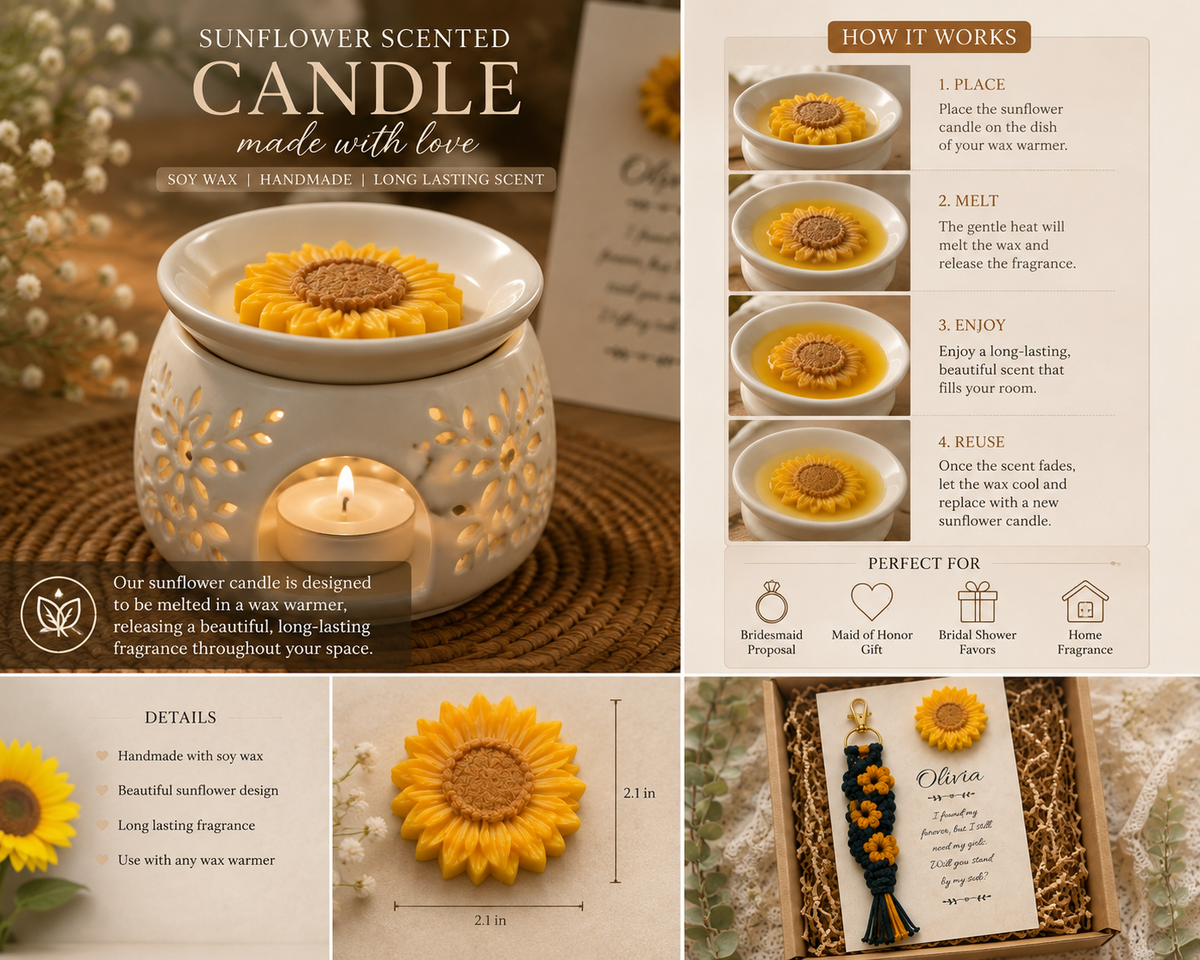 Bridesmaid Proposal Candle and Keychain Set, Personalized Will You Be My Bridesmaid Card, Daisy Sunflower Soy Candle Favor, Bridal Party